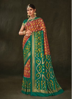 Silk Blend Digital Print Work Orange and Sea Green Traditional Designer Saree