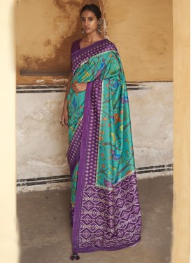 Silk Blend Digital Print Work Purple and Turquoise Traditional Designer Saree