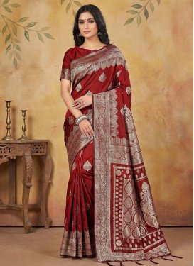 Silk Blend Digital Print Work Trendy Saree in Red