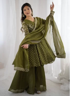 Silk Blend Embroidered Work Palazzo Suit in Olive