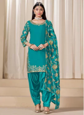 Silk Blend Embroidered Work Punjabi Salwar Suit in Aqua Blue