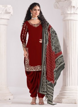 Silk Blend Embroidered Work Punjabi Salwar Suit in Maroon