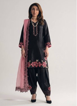 Silk Blend Embroidered Work Readymade Salwar Suit in Black