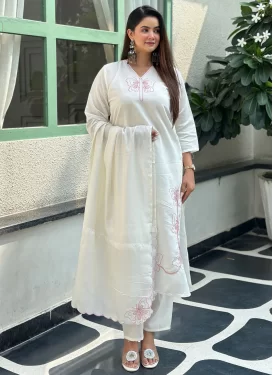 Silk Blend Embroidered Work Readymade Salwar Suit in Off White