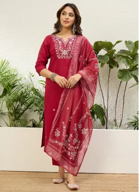 Silk Blend Embroidered Work Readymade Salwar Suit in Red