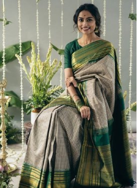 Silk Blend Green and Off White Woven Work Designer Contemporary Style Saree
