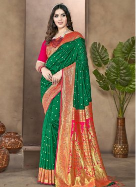 Silk Blend Green and Rose Pink Designer Contemporary Style Saree