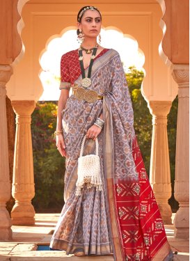 Silk Blend Grey and Red Designer Traditional Saree For Festival