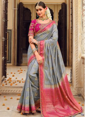 Silk Blend Grey and Rose Pink Designer Traditional Saree