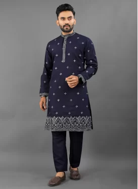 Silk Blend Kurta Pajama in Navy Blue with Embroidered Work for Festival