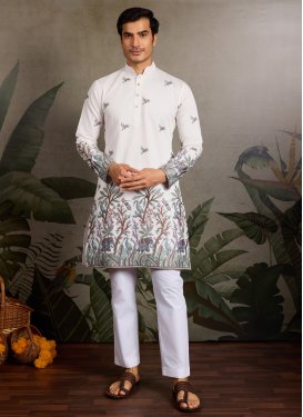 Silk Blend Kurta Pajama in White with Embroidered Work for Men