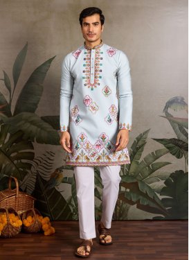 Silk Blend Kurta Pajama with Embroidered Work in Firozi and White for Festival