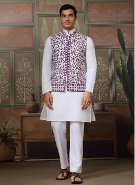 Silk Blend Kurta Pajama With Jacket with Embroidered Work for Men in White