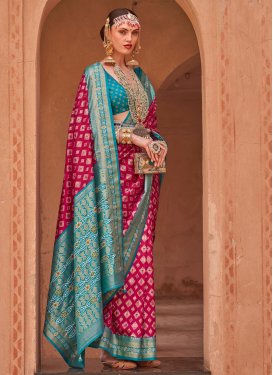 Silk Blend Light Blue and Red Traditional Designer Saree