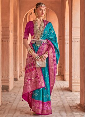 Silk Blend Light Blue and Rose Pink Traditional Designer Saree