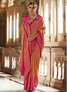 Silk Blend Magenta and Orange Woven Work Designer Contemporary Style Saree