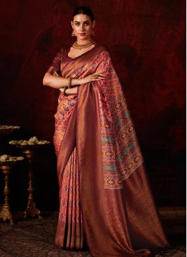 Silk Blend Maroon and Salmon Designer Contemporary Saree For Ceremonial