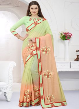 Silk Blend Mint Green and Peach Embroidered Work Trendy Saree