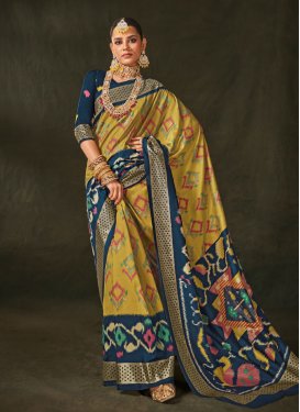 Silk Blend Mustard and Navy Blue Designer Contemporary Saree For Casual