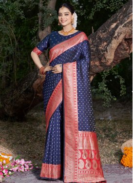 Silk Blend Navy Blue and Red Designer Contemporary Style Saree For Ceremonial
