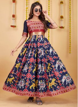 Silk Blend Navy Blue and Red Woven Work Readymade Trendy Gown