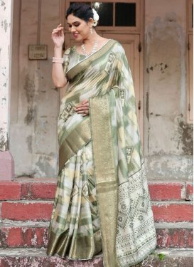 Silk Blend Off White and Olive Designer Contemporary Style Saree