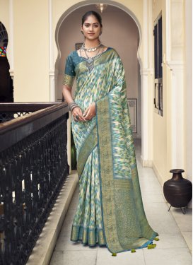 Silk Blend Off White and Teal Designer Traditional Saree