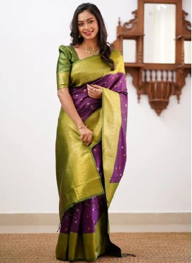Silk Blend Olive and Purple Woven Work Designer Traditional Saree