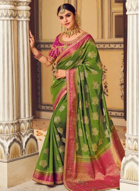 Silk Blend Olive and Rose Pink Embroidered Work Designer Contemporary Style Saree