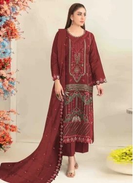 Silk Blend Pakistani Suit in Rust with Embroidered Work for Women