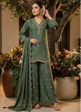 Silk Blend Palazzo Suit in Green with Embroidered Work for Festival