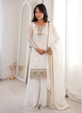 Silk Blend Palazzo Suit in White with Embroidered Work for Ceremonial