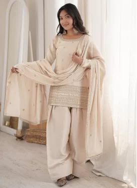 Silk Blend Palazzo Suit with Embroidered Work for Ceremonial in Off White