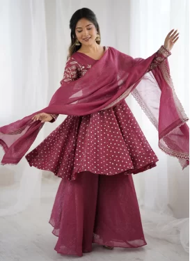 Silk Blend Palazzo Suit with Embroidered Work for Festival in Fuchsia