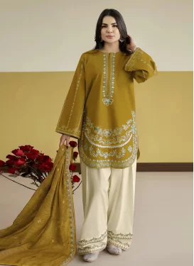 Silk Blend Palazzo Suit with Embroidered Work for Festival in Mustard and Off White