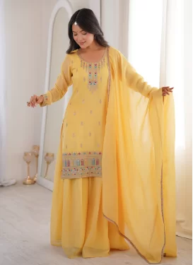 Silk Blend Palazzo Suit with Embroidered Work for Festival in Yellow