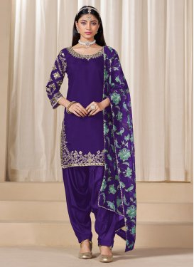 Silk Blend Punjabi Salwar Suit with Embroidered Work for Festival in Purple