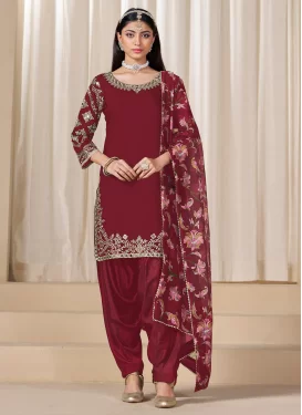 Silk Blend Punjabi Salwar Suit with Embroidered Work in Maroon for Ceremonial