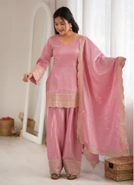 Silk Blend Punjabi Salwar Suit with Embroidered Work in Pink