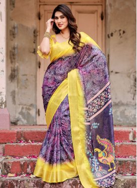 Silk Blend Purple and Yellow Designer Contemporary Style Saree For Ceremonial