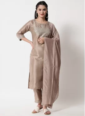 Silk Blend Readymade Salwar Suit in Beige with Embroidered Work for Women