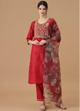Silk Blend Readymade Salwar Suit in Red with Embroidered Work for Ceremonial