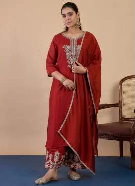 Silk Blend Readymade Salwar Suit in Red with Embroidered Work for Women