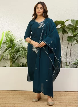 Silk Blend Readymade Salwar Suit in Teal with Embroidered Work for Ceremonial