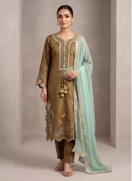 Silk Blend Readymade Salwar Suit with Embroidered Work for Ceremonial in Gold
