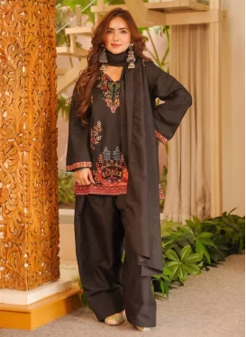 Silk Blend Readymade Salwar Suit with Embroidered Work for Festival in Black