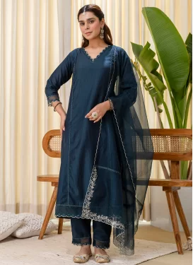 Silk Blend Readymade Salwar Suit with Embroidered Work for Party in Teal