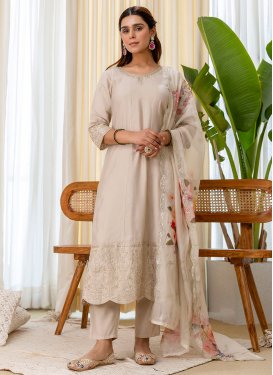 Silk Blend Readymade Salwar Suit with Embroidered Work in Beige