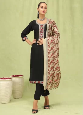 Silk Blend Readymade Salwar Suit with Embroidered Work in Black