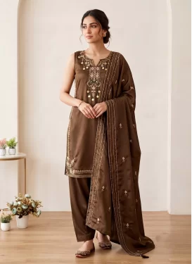 Silk Blend Readymade Salwar Suit with Embroidered Work in Brown for Festival
